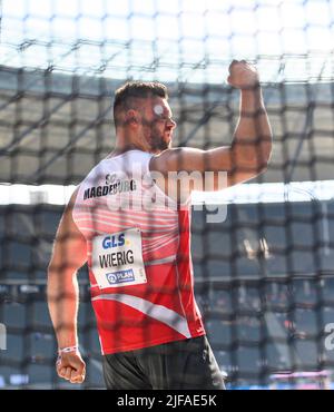 Jubelpreisträger Martin WIERIG (Sportclub Magdeburg/ Platz 1.), Herren-Diskuswurf-Finale am 26.06.2022. Deutsche Leichtathletik-Meisterschaften 2022, von 25,06. - 06/26/2022 in Berlin. ÃÂ Stockfoto