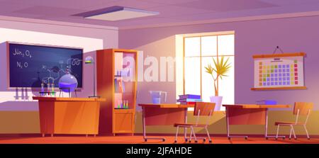 Klassenzimmer für Chemieunterricht in der Schule, Hochschule oder Universität. Vektor-Cartoon-Illustration von leeren Klasse Innenraum mit Kolben auf dem Schreibtisch, Formeln o Stock Vektor