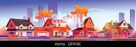 Straße im Vorstadtviertel mit Wohnhäusern und Stadt auf Skyline im Herbst. Vektor-Cartoon-Illustration der Herbstlandschaft mit suburbanen Hütten Stock Vektor
