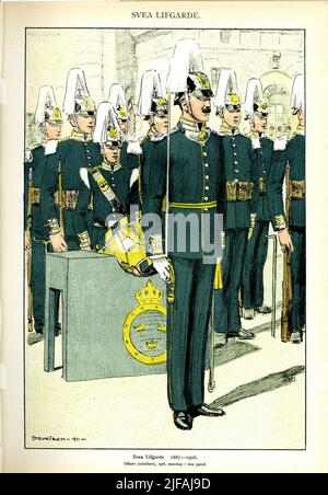 Das Plakat mit Uniform für Offizier (Subaltern), Spiele, Crew in großer Parade in Svea Livgarde für die Jahre 1887-1906, entworfen von Einar von Strokirch. In der Postsammlung Svenska Arméns mues 1680-1905. Gehört zum Archiv des Armeemuseums Stockfoto