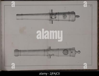 Bild mit Feuerrohren, die als Trophäen der schwedischen Armee in der Schlacht von Narva am 20. November 1700 aufgenommen wurden. Enthalten in Band mit abgebildeten Kanonentrophäen aus den Jahren 1700-1702. Gehört zum Archiv des Armeemuseums Stockfoto