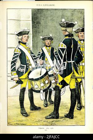 Das Plakat mit Uniform für Spiele bei Svea Livgarde für die Jahre 1765-1778, gestaltet von Einar von Strokirch. In der Postsammlung Svenska Arméns mues 1680-1905. Gehört zum Archiv des Armeemuseums Stockfoto