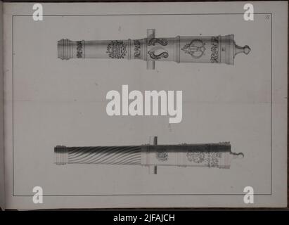 Bild mit Feuerrohren, die als Trophäen der schwedischen Armee in der Schlacht von Narva am 20. November 1700 aufgenommen wurden. Enthalten in Band mit abgebildeten Kanonentrophäen aus den Jahren 1700-1702. Gehört zum Archiv des Armeemuseums Stockfoto