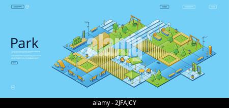 Eco Park Poster mit isometrischer Sommerlandschaft mit grünen Bäumen, Gras, Holzbänken und Schaukeln. Vektor-Banner der Stadt öffentlichen Garten mit Café, ven Stock Vektor