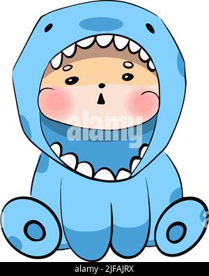 Shiba Inu Hund sitzt in einem Hai Kostüm und geht zu Halloween, sie schickt einen Kuss Stock Vektor