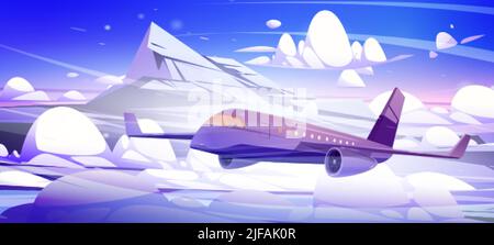 Flugzeug fliegen über weißen, flauschigen Wolken in der Nähe von Bergen mit Schnee. Konzept des Passagierflugzeugs, der kommerziellen Luftfahrt. Vektor-Cartoon-Illustration von Stock Vektor