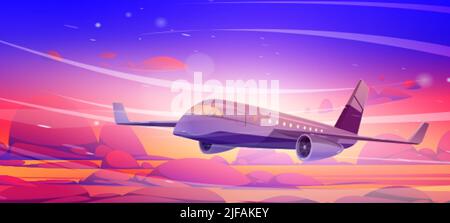 Flugzeug fliegen am Morgenhimmel über rosa flauschigen Wolken. Konzept der Passagierflugzeuge Flug, Reise, kommerzielle Luftfahrt. Vektor-Cartoon-Illustration von f Stock Vektor
