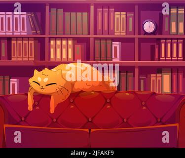 Lustige Katze schläft auf dem Sofa in der Bibliothek. Niedliche faule Kätzchen schlafen auf Ledercouch auf Hintergrund mit Bücherregal mit Reihen von Buchstacheln. Zeichentrickfilm Stock Vektor