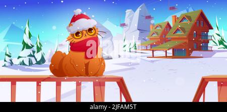 Lustige Katze in weihnachtsmütze und Schal auf verschneite Landschaft mit Skihotel und Standseilbahn. Süßes Haustier sitzt im Winter auf dem Holzterrassengeländer. Cartoon-Set Stock Vektor