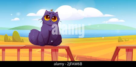 Nette Katze sitzen auf hölzernen Terrassenzaun auf ländlicher Landschaft. Vektor-Cartoon-Illustration von Sommer landwirtschaftlichen Feldern mit gelben Getreidepflanzen, Flussufer Stock Vektor