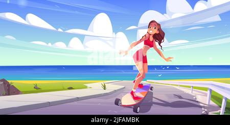 Happy girl Reiten auf Skateboard auf Ocean Road. Vektor-Cartoon-Illustration der Sommerlandschaft mit blauem Meer, grünem Gras, Asphaltweg und jungen woma Stock Vektor