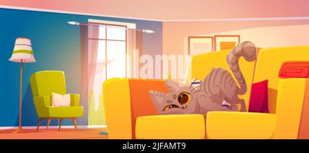 Wohnzimmer mit niedlicher Katze reibt sich auf dem Sofa gegen das Kissen. Vektor-Cartoon-Illustration der modernen Lounge-Interieur mit gelber Couch, Sessel und lustige Registerkarte Stock Vektor