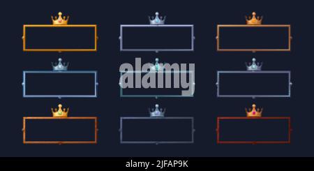 Rechteck-Avatar-Rahmen mit königlichen Kronen, ui-Spiel mittelalterlichen Metall-Grenzen. Cartoon leer metallic Grenze mit ausgefallenen Edelsteinen, isoliert Fantasie des Stock Vektor