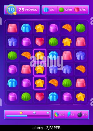 Spiel 3 Spiel-Hintergrund mit niedlichen Süßigkeiten Symbole, Tasten und Assets für gui Handy-App. Vektor-Cartoon-Illustration des Spiels Spiel drei mit süßen Stock Vektor