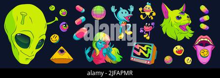 Psychedelischer Aufkleber mit Aliens, Drogen und tv isoliert auf schwarzem Hintergrund. Vektor-Cartoon-Set von Retro-Hippie-Ikonen der blauen Mädchen, Katze mit drei Augen Stock Vektor