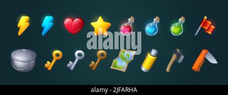 Icons für Spiel über Wandern, Camping, Tourismus. Vektor-Cartoon-Satz von Symbolen für Herz, Blitz, Messer, Karte, Flaschen mit Tränke, Karte, Flagge und andere Stock Vektor