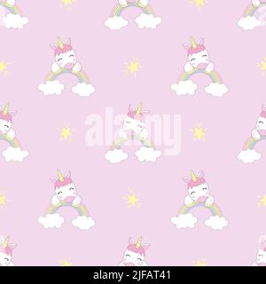 Einhorn-Muster. Vektor nahtloses Muster mit weißen Einhörnern, Regenbogen und Sternen. Isoliert auf einem rosa Hintergrund. Stock Vektor