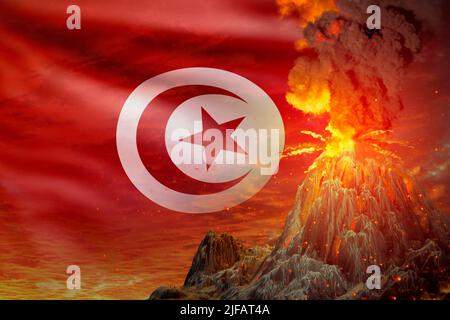Großer Vulkanausbruch in der Nacht mit Explosion auf tunesischer Flagge Hintergrund, leiden unter Katastrophe und Vulkanasche Konzept - 3D Illustration der Natur Stockfoto