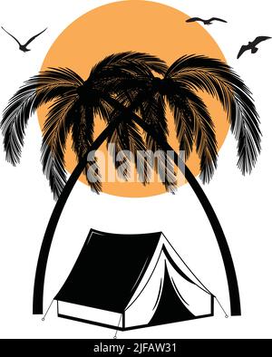 Beach Tent Beach Camping mit Palmen und fliegenden Möwen Stock Vektor