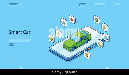 Isometrische Landing Page für Smart Car. Autonomes Automobil steht auf dem Smartphone-Bildschirm. Futuristische Technologie, selbstfahrendes intelligentes Autopilot-Fahrzeug, Stock Vektor