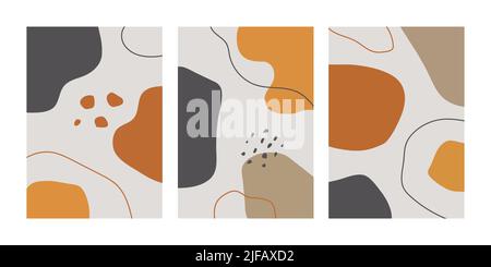 Eine Sammlung von drei abstrakten Hintergründen. Handzeichnung verschiedener Formen und Doodle-Objekte. Trendige moderne zeitgenössische Vektor-Illustration Stock Vektor