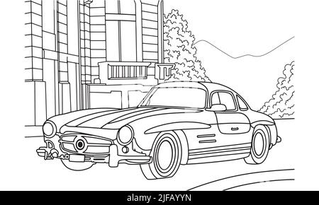 Auto-Illustration in einer Linie Handzeichnung. Classic Vintage Sportwagen. Handgezeichnete gravierte Stil Vektor-Linie Kunst Illustration für Kinder Malbuch o Stock Vektor