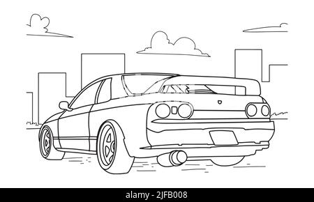 Auto-Illustration in einer Linie Handzeichnung. Classic Vintage Sportwagen. Handgezeichnete gravierte Stil Vektor-Linie Kunst Illustration für Kinder Malbuch o Stock Vektor