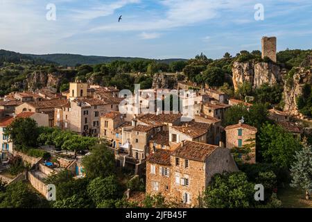 Frankreich, Var, die Dracenie, Dorf Chateaudouble mit Blick auf die Schluchten des Flusses Nartuby (Luftaufnahme) Stockfoto