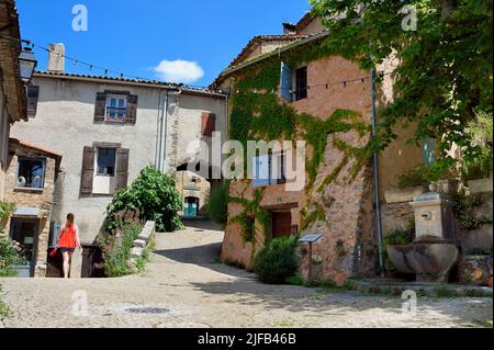 Frankreich, Var, die Dracenie, Dorf de Tourtour, beschriftet Les Plus Beaux Villages de France (die schönsten Dörfer Frankreichs), Brunnen und Durchgang zur gemeinschaftlichen Olivenmühle Stockfoto