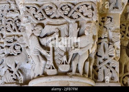 Frankreich, Charente-Maritime, Saintonge, Saintes, die Basilika Saint-Eutrop, Hauptstadt, die das jüngste Gericht und das Wiegen der Seelen (Ende des 11.. Jahrhunderts) in der oberen Kirche darstellt Stockfoto