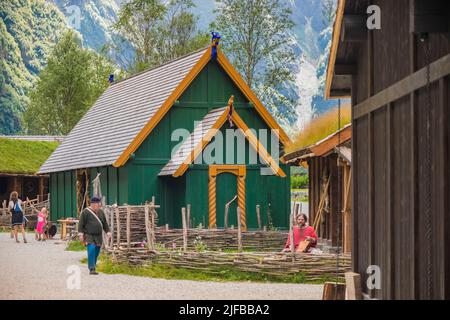 Norwegen, Vestland County, Naeroyfjord, Aurland, Gudvangen, Viking Village Stockfoto