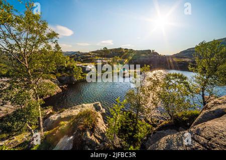 Norwegen, Rogaland, Ryfylke, Lysefjord (Lysebotn Fjord), auf dem Wanderweg, der zum Preikestolen (Felsen des Stuhls) führt, der den Fjord für 600m überblickt, ist es die beliebteste Wanderung in der Region Stavanger Stockfoto