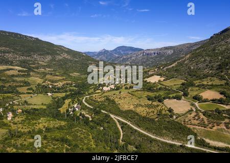 Frankreich, Drome, regionaler Naturpark Baronnies Provençales, La Roche sur le Buis, das Tal (Luftaufnahme) Stockfoto