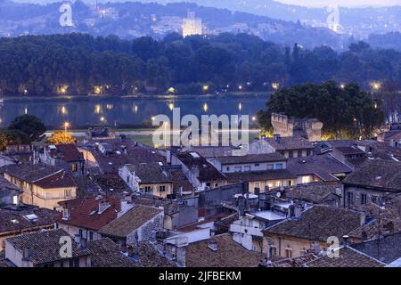 Frankreich, Vaucluse, Avignon, die Dächer von Avignon, Blick vom Jacquemart-Turm (14.. Jahrhundert), der Rhone und Villeneuve les Avignon im Hintergrund Stockfoto