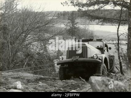 Probe mit beladen Geländewagen 939 an der Army Motor School. Abschlusstest in Strängnäs im April 1962. Stockfoto