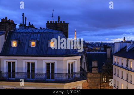 Frankreich, Paris, Quartier Saint Michel, die Dächer von Paris und der Eiffelturm im Hintergrund Stockfoto