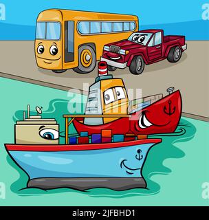 Cartoon-Illustration von lustigen Schiffen und Landfahrzeugen Comic-Figuren Gruppe Stock Vektor
