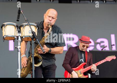 Die Real Thing Band tritt beim Soultasia Musikfestival in Promenade Park, Maldon, Essex, Großbritannien, auf. Gitarrist und Saxophonist Stockfoto