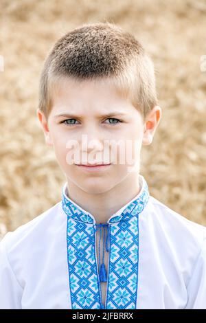 Porträt des Kindes in traditionellen bestickten ukrainischen Hemd auf dem Hintergrund des Weizenfeldes an sonnigen Tag. Blaue Stickerei. Das Gesicht des Jungen ist traurig. Unabhängigkeitstag und die Verfassung der Ukraine Stockfoto