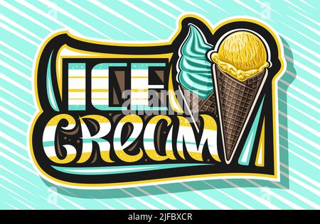 Vektor-Logo für Eiscreme, schwarzes Schild mit Darstellung von zwei verschiedenen Eiswürfelchen in braunen Waffelkegeln, dunkles Schild für Kindercafé mit Unikat Stock Vektor