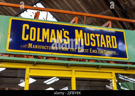 Norfolk, Großbritannien - 17. 2022. Mai: Nahaufnahme einer Vintage-Werbung für Colmans Senf. Stockfoto
