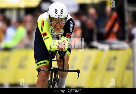 Der niederländische Taco van der Hoorn von Intermarche Wanty-Gobert-Material wurde während der ersten Etappe des Radrennens der Tour de France, einem 13 km langen Einzelzeitfahren in und um Kopenhagen, Dänemark, am Freitag, den 01. Juli 2022, in Aktion gezeigt. Die diesjährige Tour de France findet vom 01. Bis 24. Juli 2022 statt und startet mit drei Etappen in Dänemark. BELGA FOTO JASPER JACOBS Stockfoto