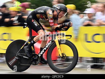 US' Sepp Kuss von Jumbo-Visma im Einsatz während der ersten Etappe des Radrennens der Tour de France, einem 13 km langen Einzelzeitfahren in und um Kopenhagen, Dänemark, Freitag, 01. Juli 2022. Die diesjährige Tour de France findet vom 01. Bis 24. Juli 2022 statt und startet mit drei Etappen in Dänemark. BELGA FOTO JASPER JACOBS Stockfoto