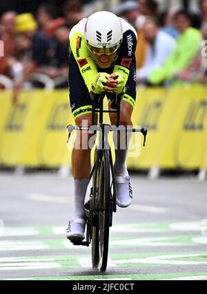 Der niederländische Taco van der Hoorn von Intermarche Wanty-Gobert-Material wurde während der ersten Etappe des Radrennens der Tour de France, einem 13 km langen Einzelzeitfahren in und um Kopenhagen, Dänemark, am Freitag, den 01. Juli 2022, in Aktion gezeigt. Die diesjährige Tour de France findet vom 01. Bis 24. Juli 2022 statt und startet mit drei Etappen in Dänemark. BELGA FOTO JASPER JACOBS Stockfoto