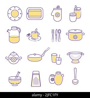 Set von niedlichen Küche flache Symbole. Kochgeschirr umrandet Symbole mit Farbe. Stock Vektor