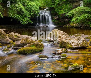 Die atemberaubenden Cauldron Falls, auch bekannt als West Burton Falls im Dorf West Burton in den Yorkshire Dales, Großbritannien. Stockfoto