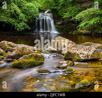 Die atemberaubenden Cauldron Falls, auch bekannt als West Burton Falls im Dorf West Burton in den Yorkshire Dales, Großbritannien. Stockfoto