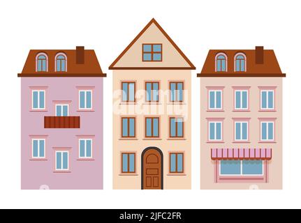 Symbol „Haus einstellen“. Alte Straße europäische Stadt. Stadtlandschaft. Stock Vektor