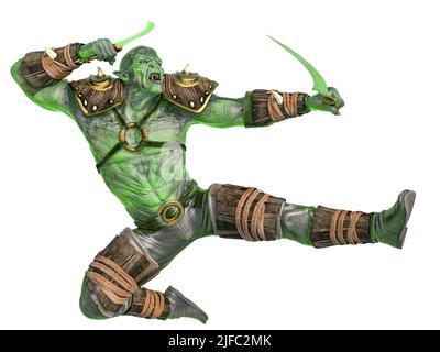 orc Krieger springen mit Schwertern, 3d-Illustration Stockfoto