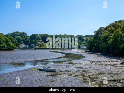 Das Ende des Gillan Creek bei Ebbe, mit einem Ruderboot und verstreuten Häusern rund um Carne, in der Nähe von Helford, Cornwall Stockfoto